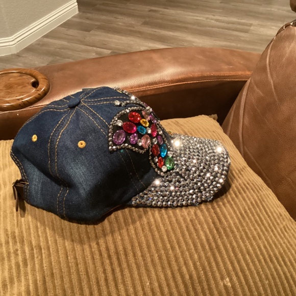 Rhinestone Denim Baseball Cap For Women and Girls, Buckle Closure, Multi Colored - Picture 2 of 4